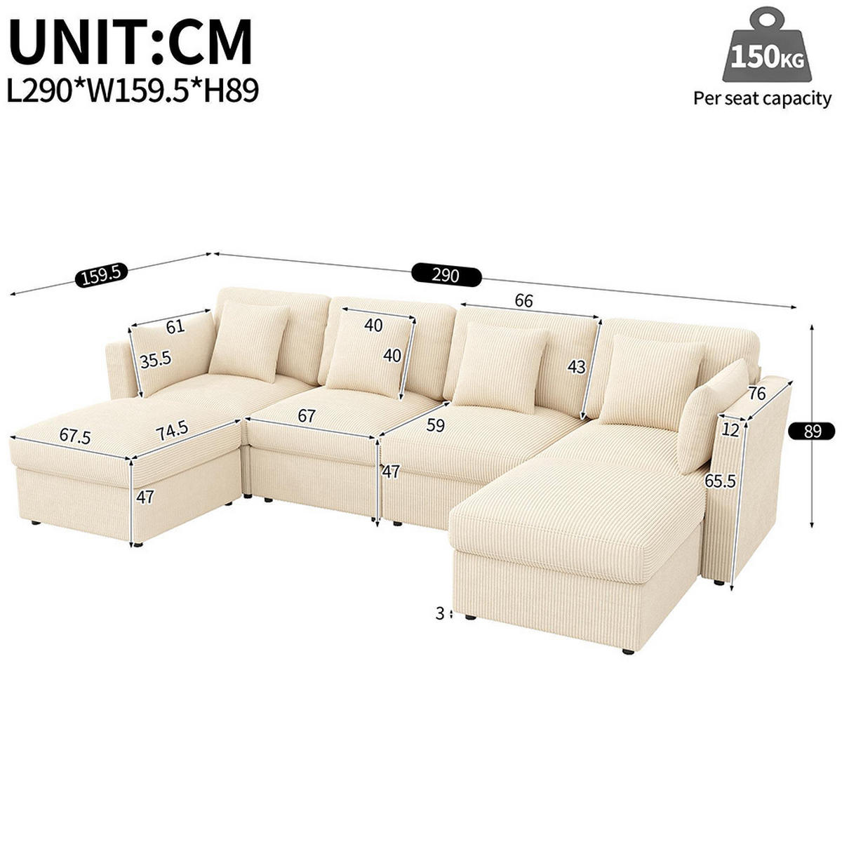 ECKSOFA,SECHSSITZER-SOFA mit verstellbaren Armlehnen in Beige - Beige, Textil (159.5/290cm) - KOMHTOM