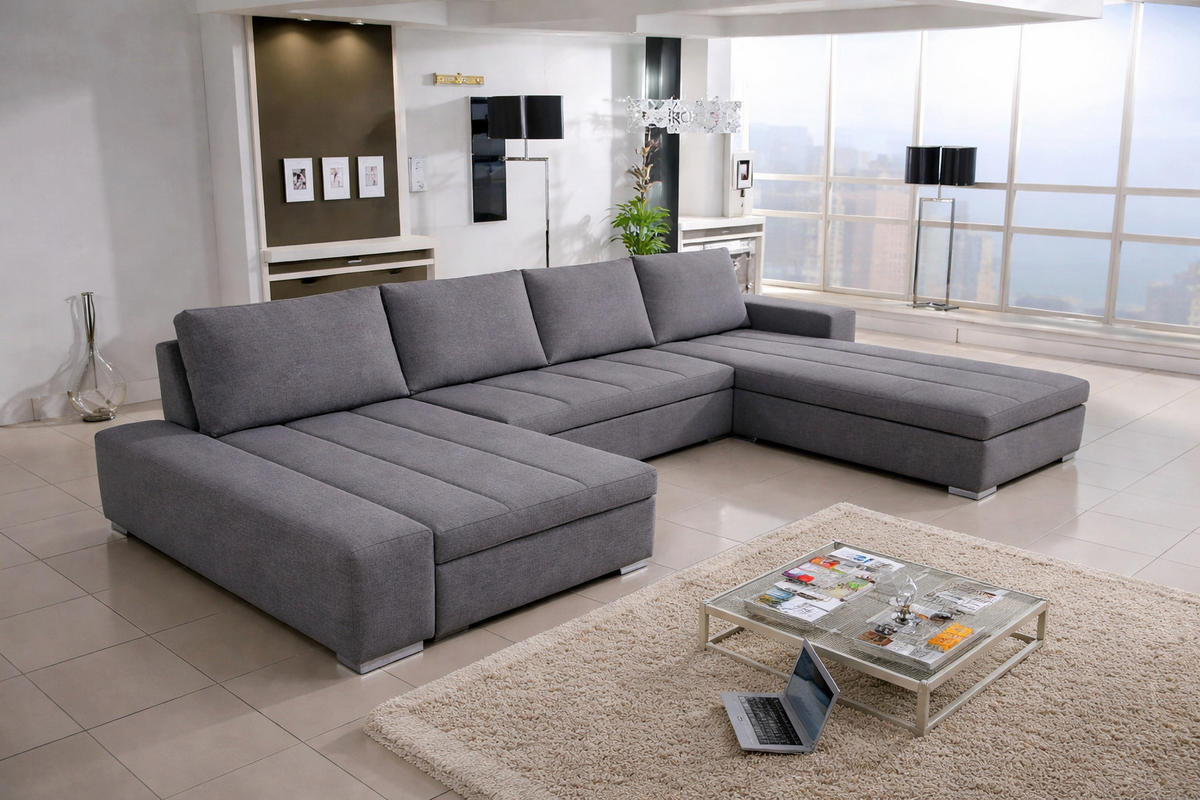 WOHNLANDSCHAFT VERONA U-Form mit Schlaffunktion, Bettkasten und Wellenfederung – Großzügiges Ecksofa 387 cm - Hellgrau, Kunststoff (387/85/213cm) - Wohnideebilder
