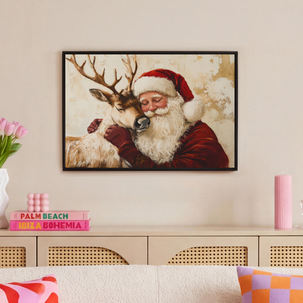 LEINWAND Bilder mit Rahmen - Weihnachtsmann - Rentier - Weihnachten - 60x40 - Rotbraun, Textil (60/40cm) - MuchoWow