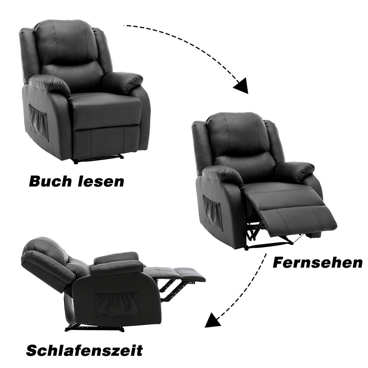 RELAXSESSEL mit Liegefunktion PU Leder Seitentasche 80/90/100 cm - Schwarz, Textil (80/100/90cm) - EVRYAE