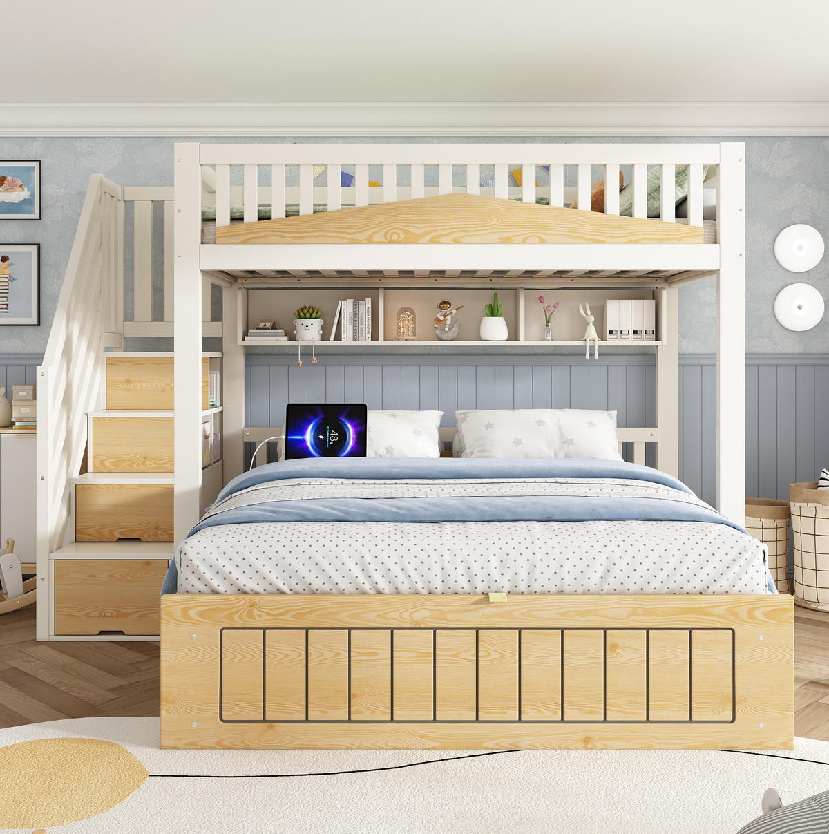 ETAGENBETT 90/140/200 cm in Weiß/Natur mit Stauraum und USB- und Type-C-Anschlüssen - Weiß, Holzwerkstoff (90/200cm) - OKMYHOME