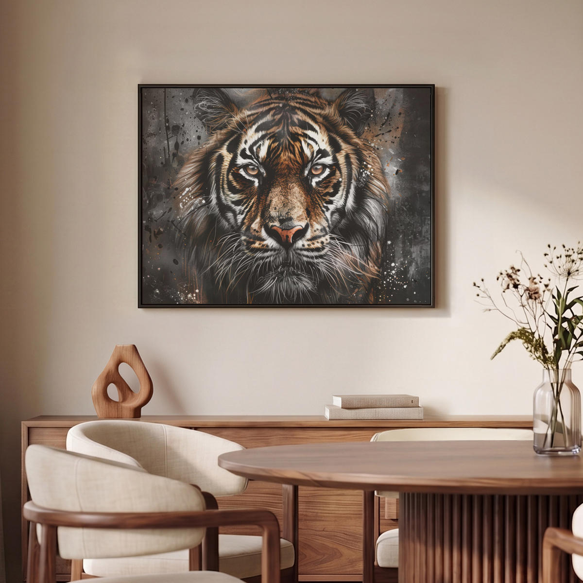 LEINWAND Bilder mit Rahmen - Tiger - Tiere - Porträt - Luxus - Schwarz - 70x50 - Braun, Textil (70/50cm) - MuchoWow