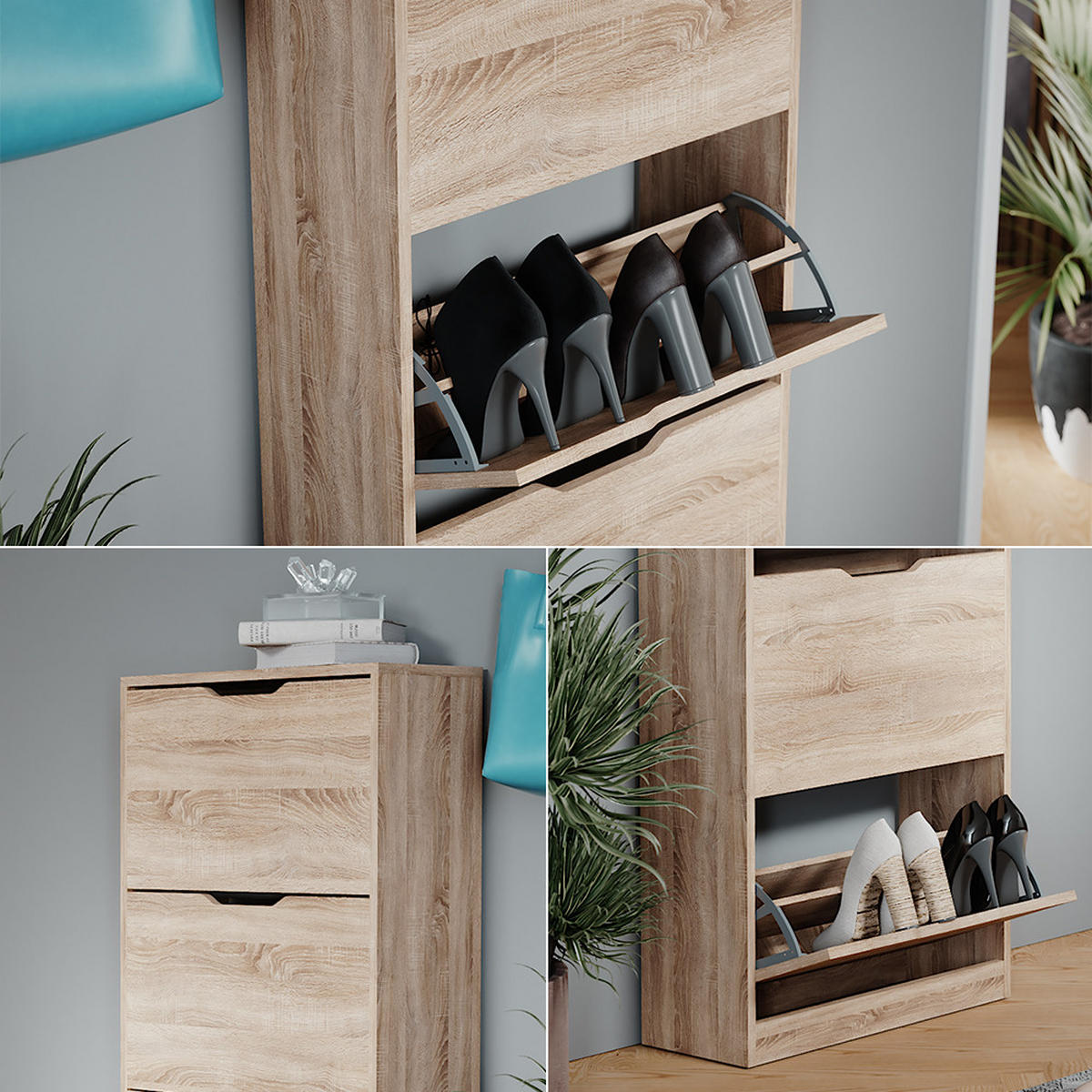 SCHUHKIPPER Luca Sonoma 59 x 137 cm mit 4 Klappschubladen - Sonoma Eiche, Holzwerkstoff (59/137/22cm) - Vicco