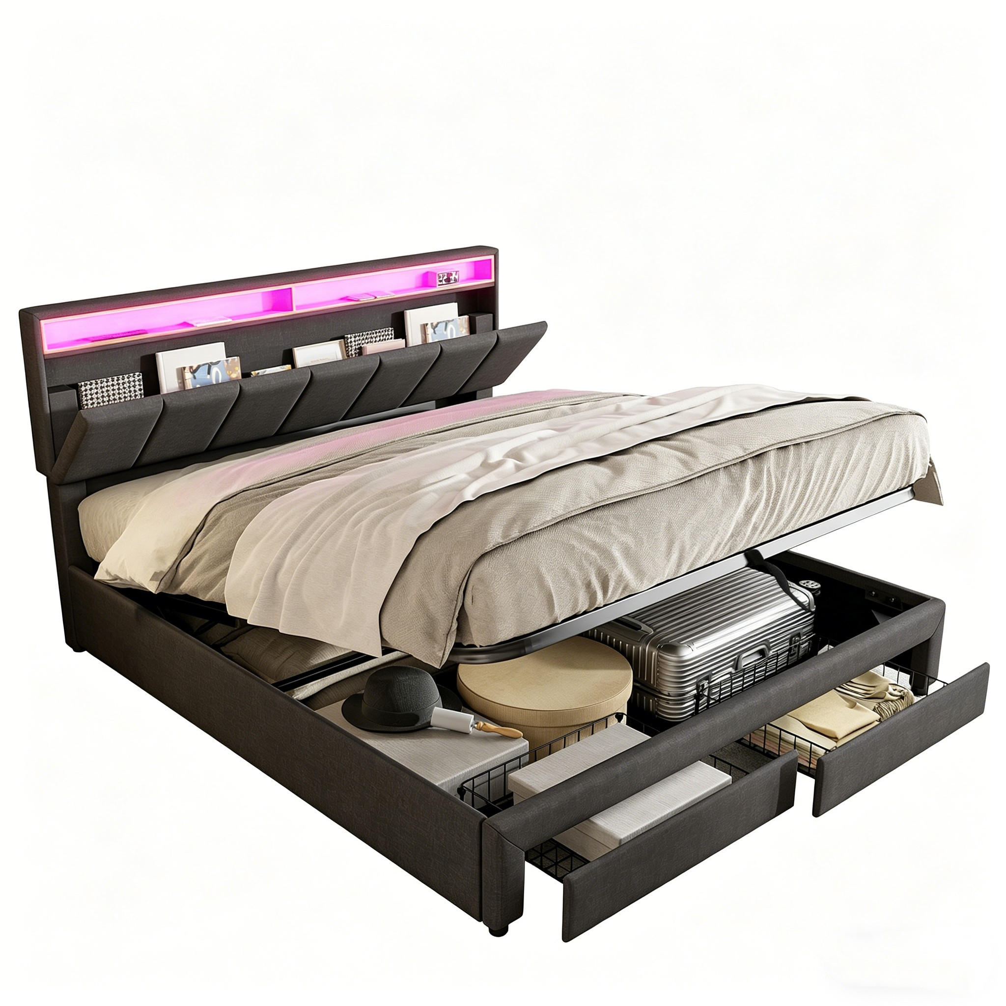 POLSTERBETT 160x200 cm mit LED-Beleuchtung und Schublade,Leinenstoff - Grau, Holz/Textil (160/200cm) - PARAFTA HOME