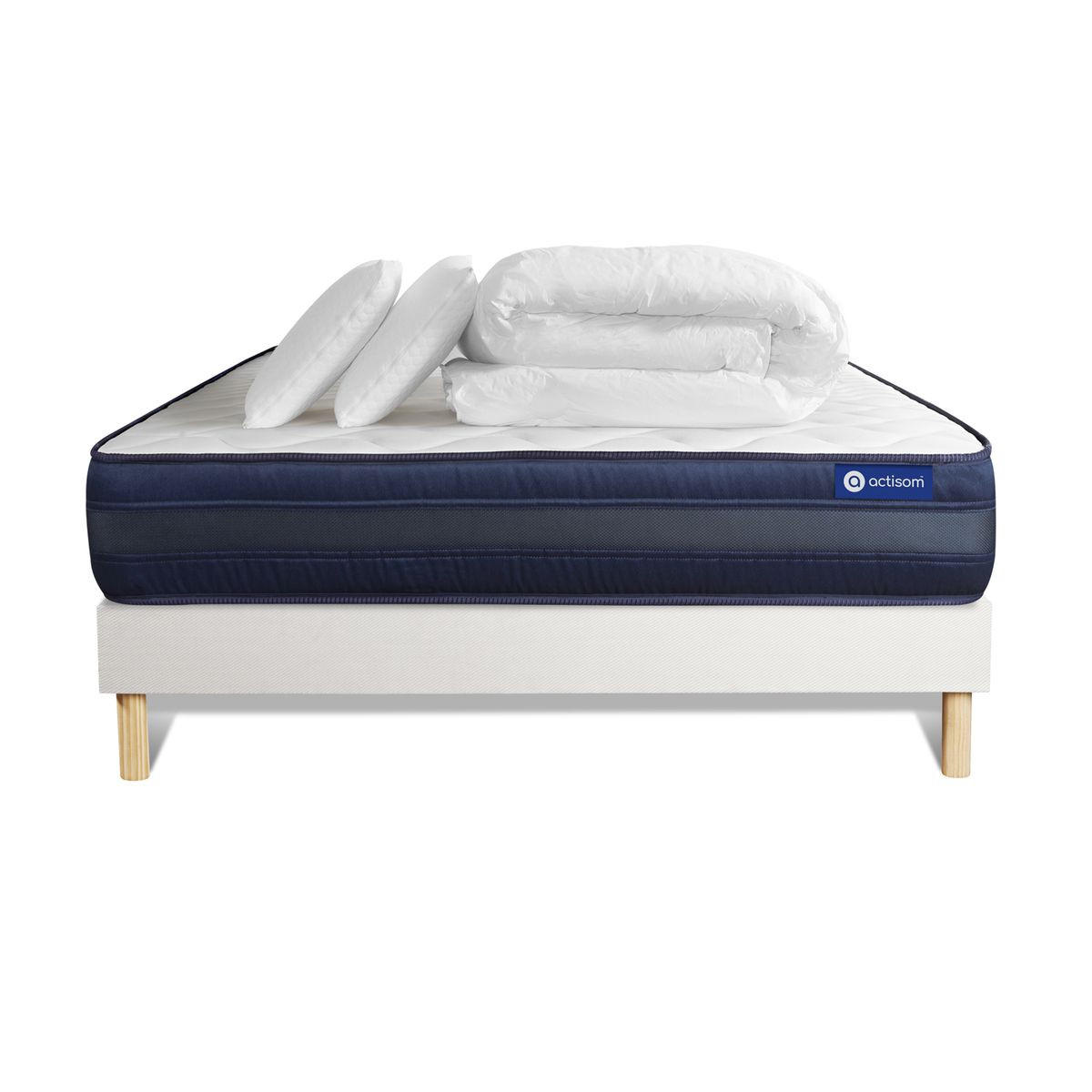 BETT Actiflex tech Taschenfederkern und Memory-Schaum 200 x 200 cm h4 - Kit Bettgestell Weiß - Mit Kissen und Bettdecke - Beige/Weiß, Karton/Holz (200/200cm) - ACTISOM