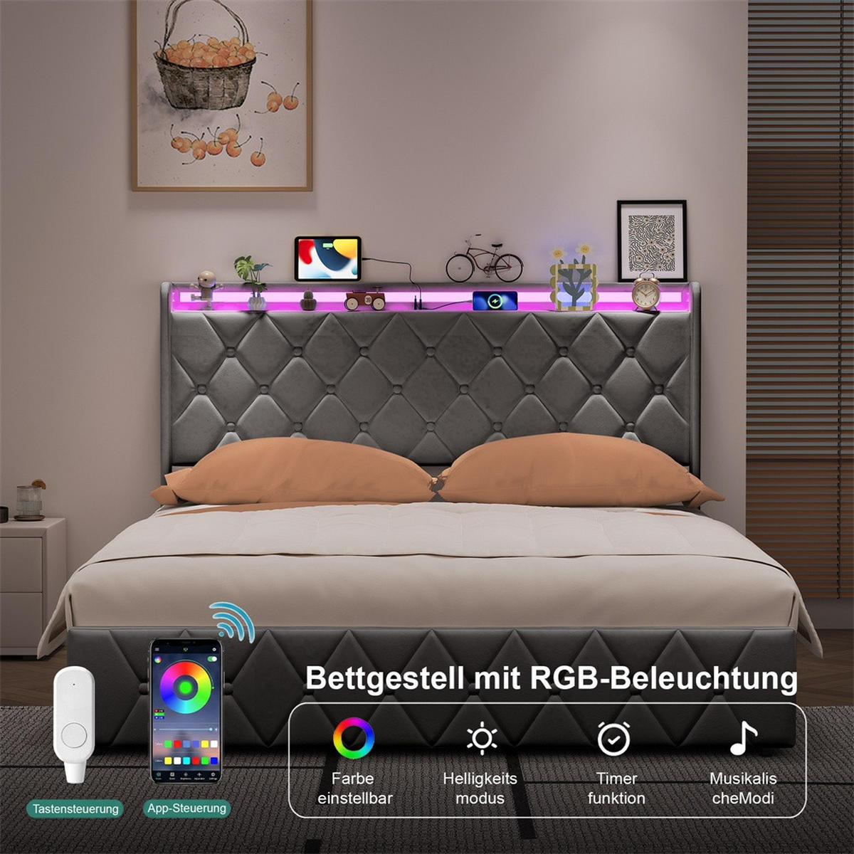 POLSTERBETT 160x200 cm mit hydraulischem Stauraum - Kopfteil Regal & LED - USB - ohne Matratze - Grau - Grau, Textil (160/200cm) - DELFA