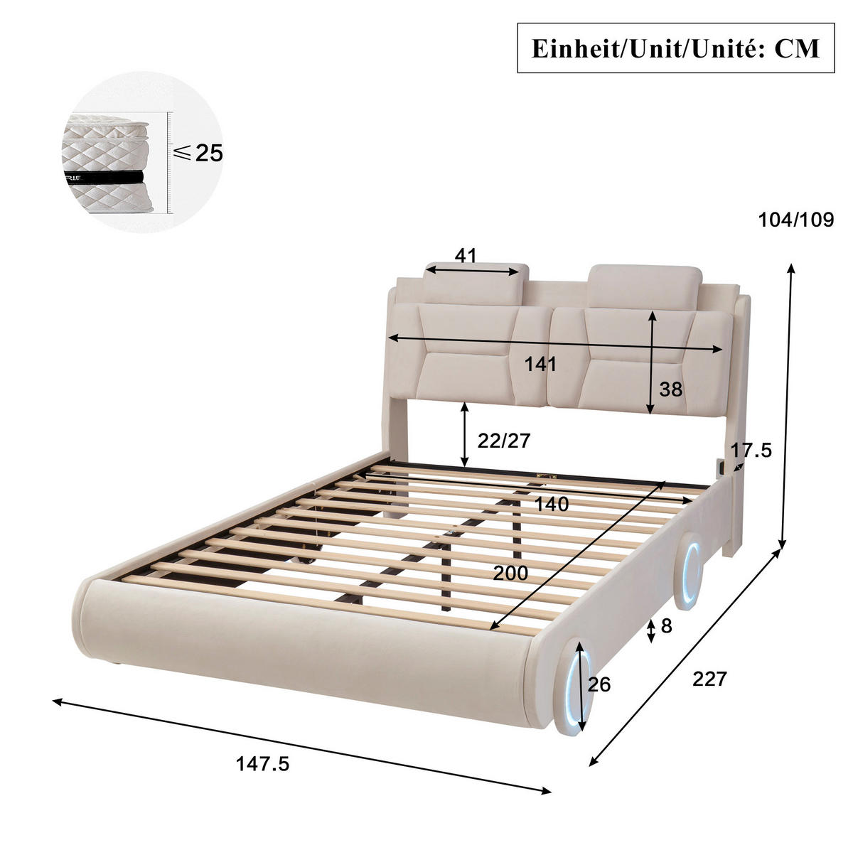 KINDER-POLSTERBETT aus Flanell 140x200 cm Beige im Auto-Design mit höhenverstellbarem Kopfteil - Beige, Textil (140/200cm) - Modfu