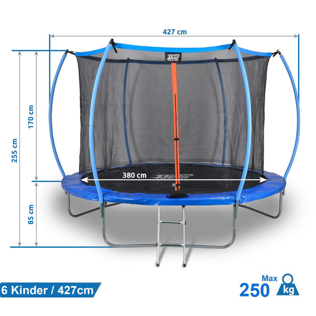 TRAMPOLIN Outdoor Blau Ø 427 cm, Sicherheitsnetz, Gartentrampolin, Kindertrampolin, Komplettset, Sprungmatte, Stahlrahmen, wetterfest, Outdoor - Blau, Metall (427/427cm) - Dunlop