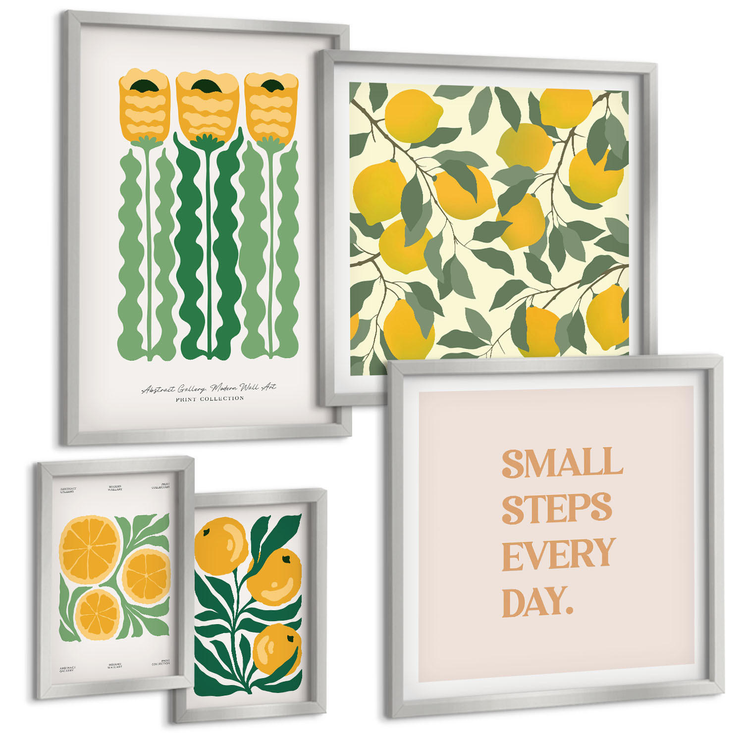 BILDER SET 5er Set - 50x50 cm & 20x30 cm & 40x60 cm Silberner Rahmen - Pflanzenmuster mit Blumen - Silberfarben, Kunststoff (40/60cm) - TULUP