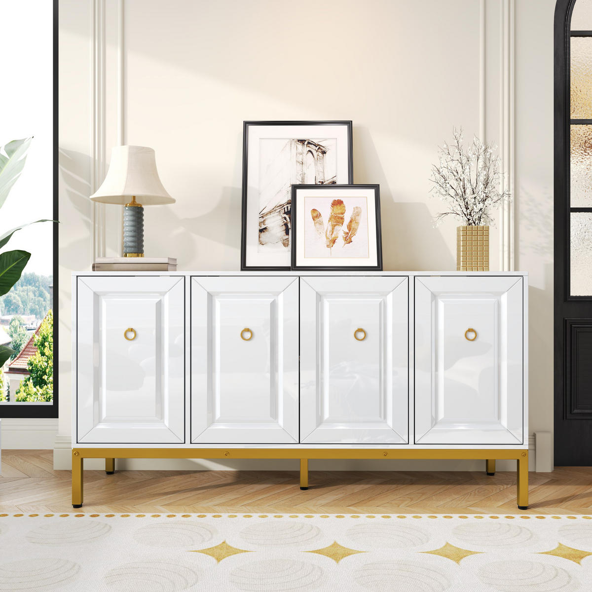 SIDEBOARD Weiß Hochglanz mit goldenen Griffen & Beinen 140×40×80 cm aus MDF & Spanplatte - Weiß, Holzwerkstoff (140/80/40cm)