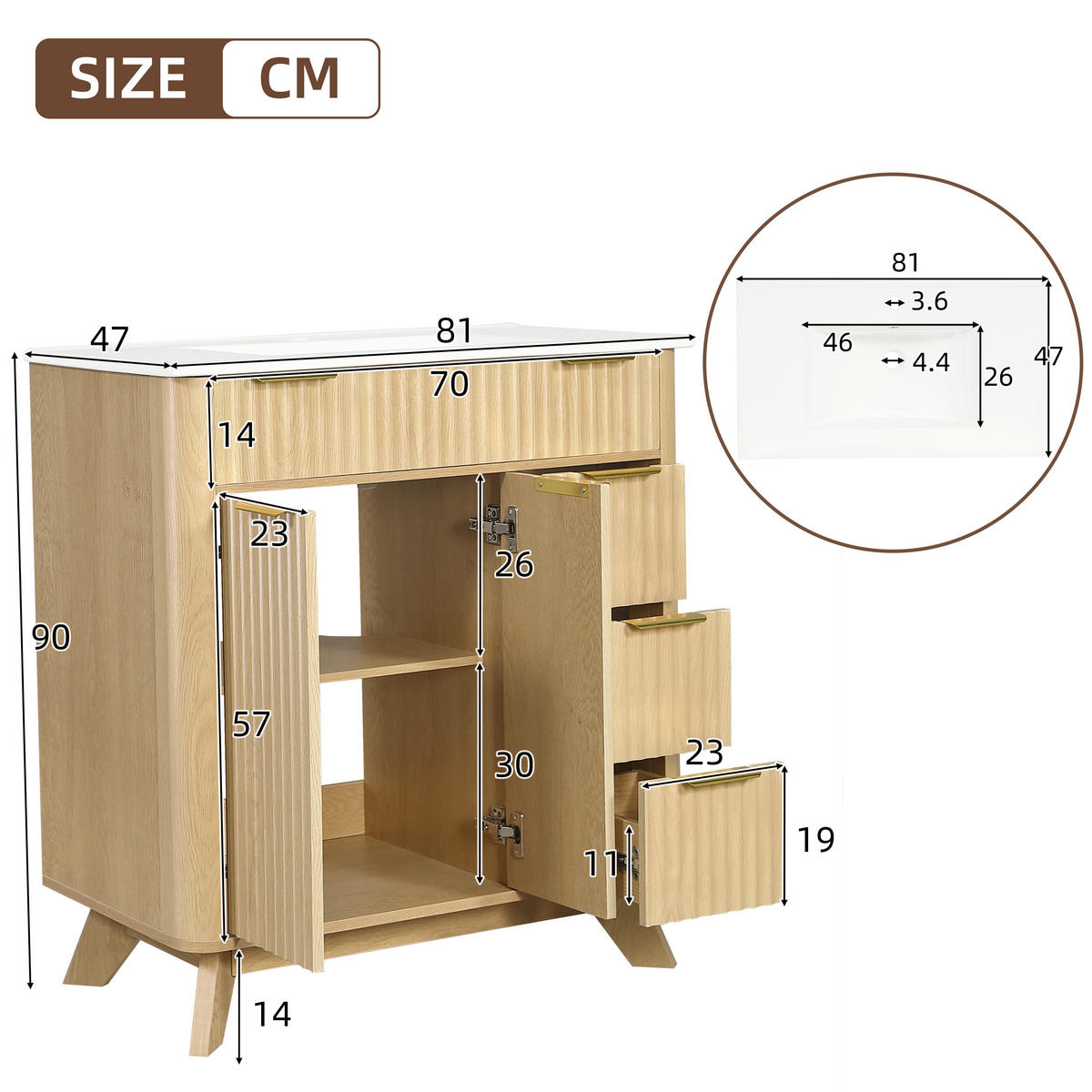 BADEZIMMERSCHRANK Wellenoptik Holzton 3 Schubladen 81cm - Naturfarben, Keramik (81/90/47cm) - FLIEKS