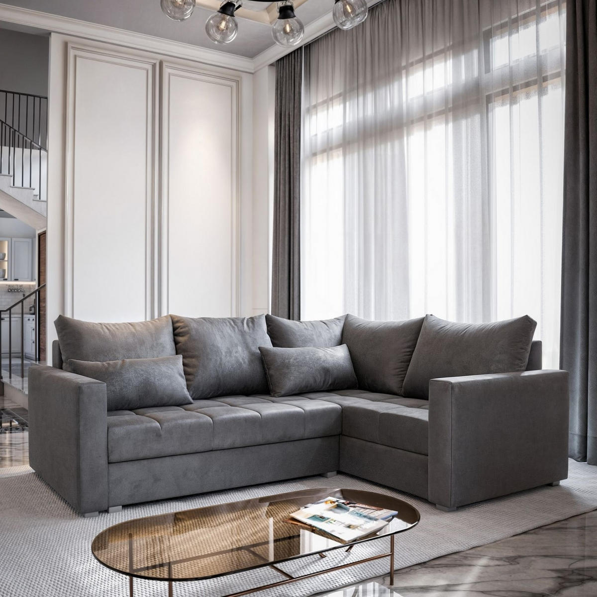 ECKSOFA LIRENO R-S Grau Plüsch-Stoff mit Schlaffunktion - Grau, Holz (220/153cm) - MASSENO