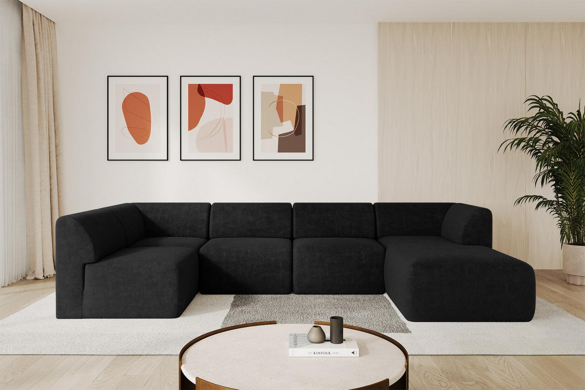 WOHNLANDSCHAFT Ottomane Rechts MOVO-L 345x180x78 cm Schwarz Tissu - Schwarz Hochglanz, Holzwerkstoff/Kunststoff (180/78/345cm) - ALTDECOR