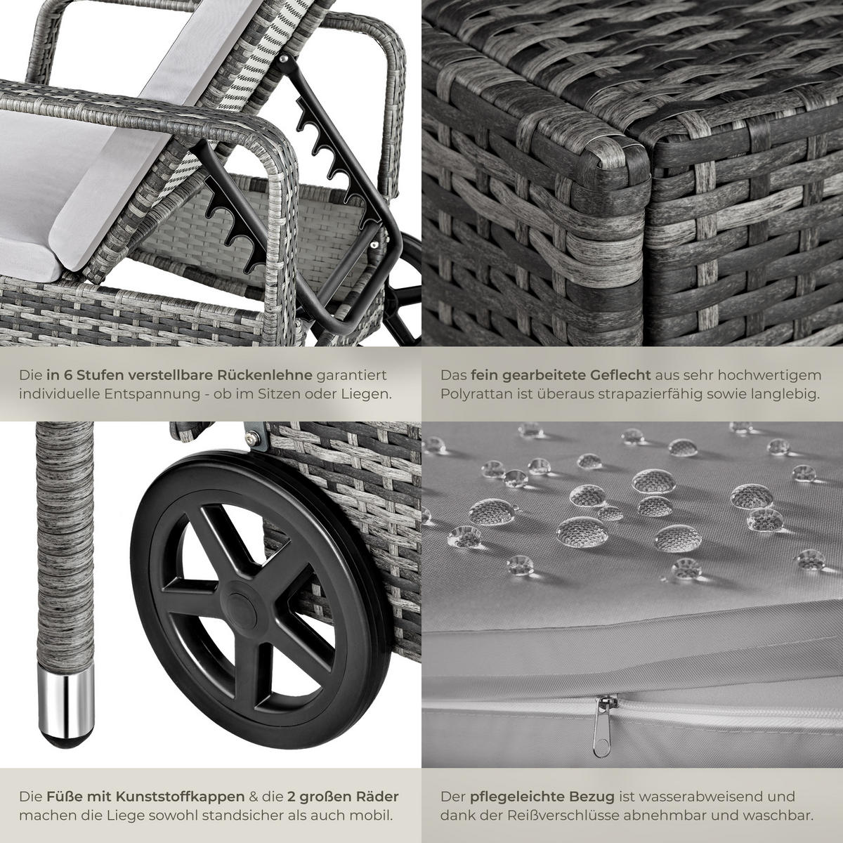 RATTAN-SONNENLIEGE ,200 x 70 x 33 cm,grau/hellgrau - Grau, Kunststoff (70/33/200cm) - tectake