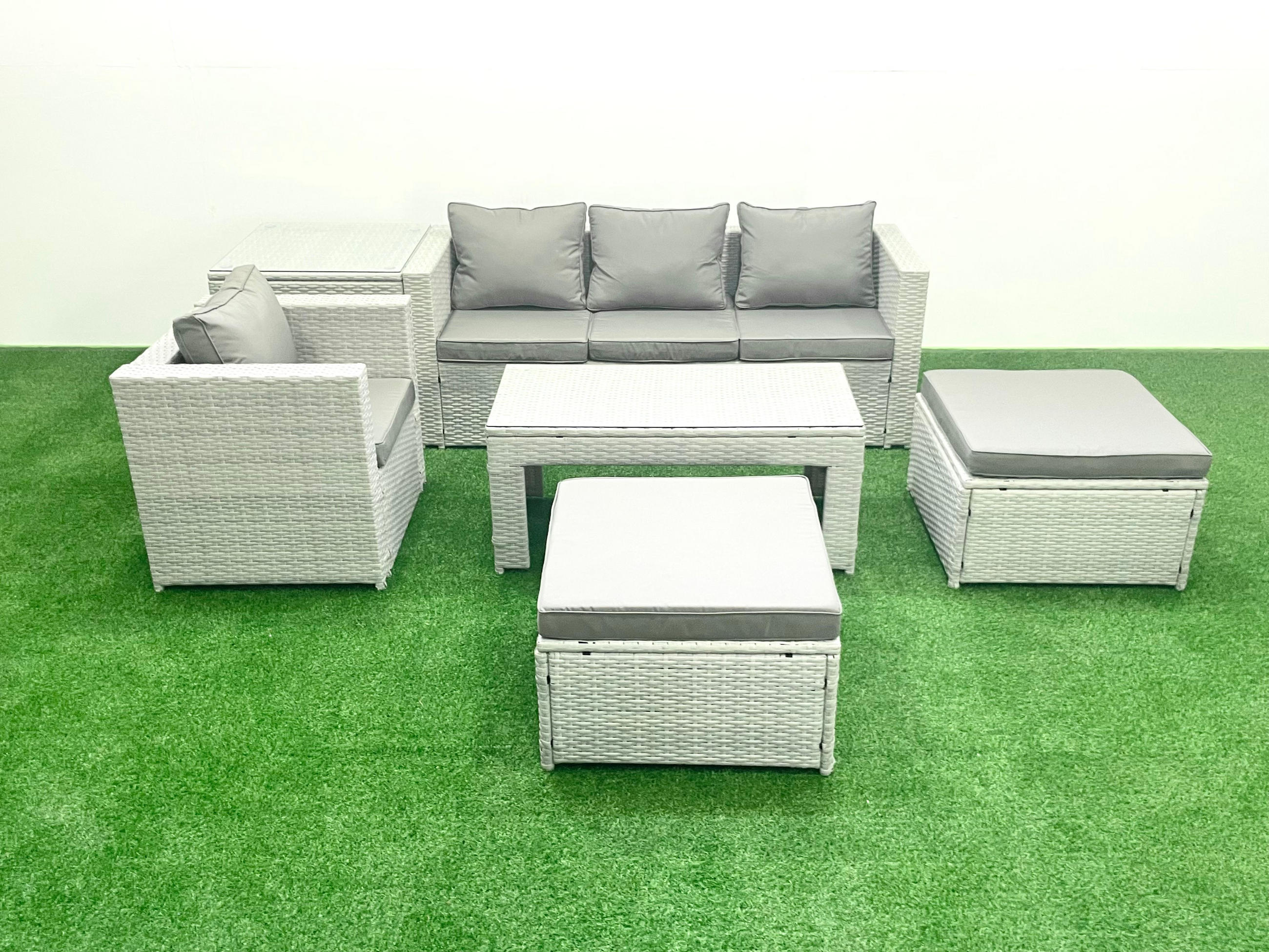 BALKONMÖBEL-SET Polyrattan Hellgrau-Mix 6-teilig - Hellgrau/Grau, Glas/Kunststoff - Fimous
