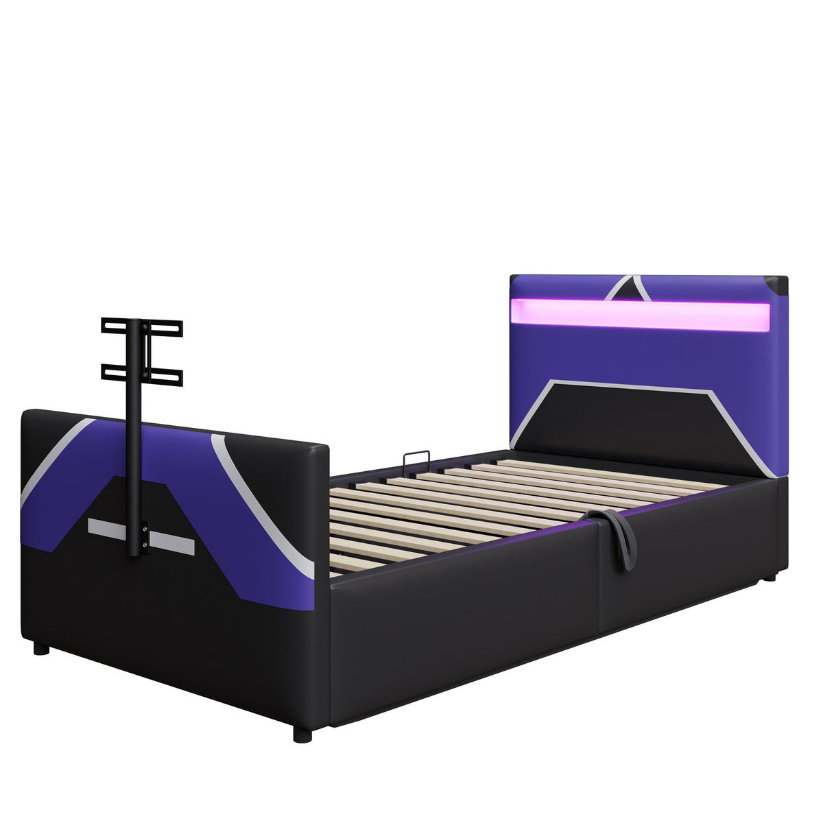 KINDEREINZELBETTEN aus Kunstleder 90x200 cm in Schwarz mit LED & TV-Halterung - Schwarz, Leder (90/200cm) - Modfu