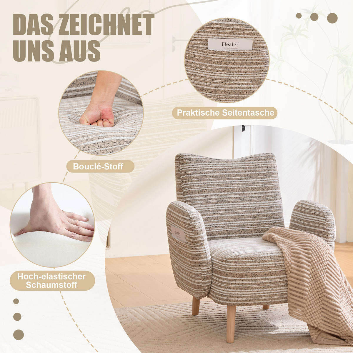POLSTERSESSEL mit Kreismuster 77x81x87 cm Holzbeine - Beige, Textil/Metall (77/87/81cm) - PARAFTA HOME