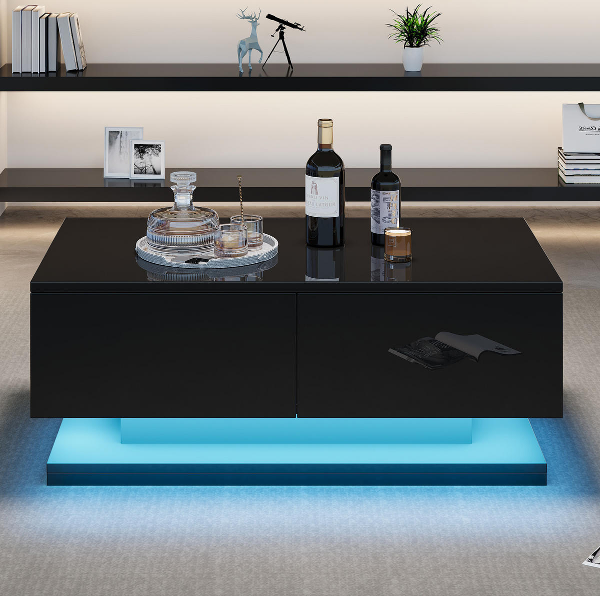 COUCHTISCH 90/50/38 cm mit 2 Schubladen, LED-Beleuchtung per App und Hochglanzfront, Schwarz - Schwarz, Holzwerkstoff (90/50/38cm) - Redom