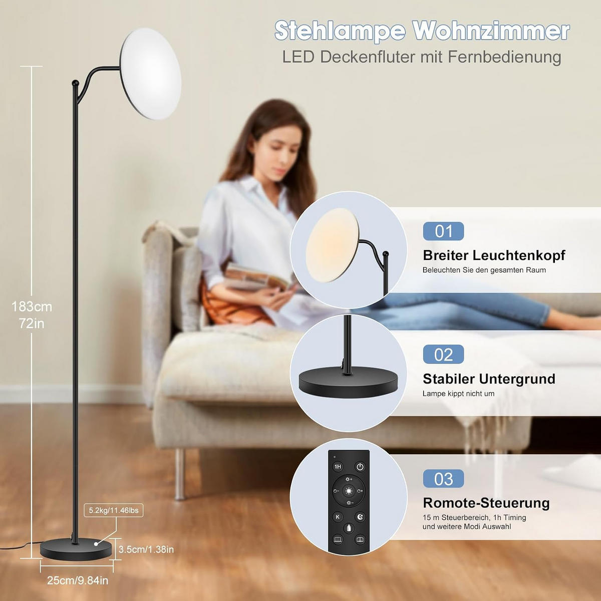 STEHLEUCHTE FL1041GW Wohnzimmer - Schwarz, Metall (25/25/183cm) - LOVHAUS