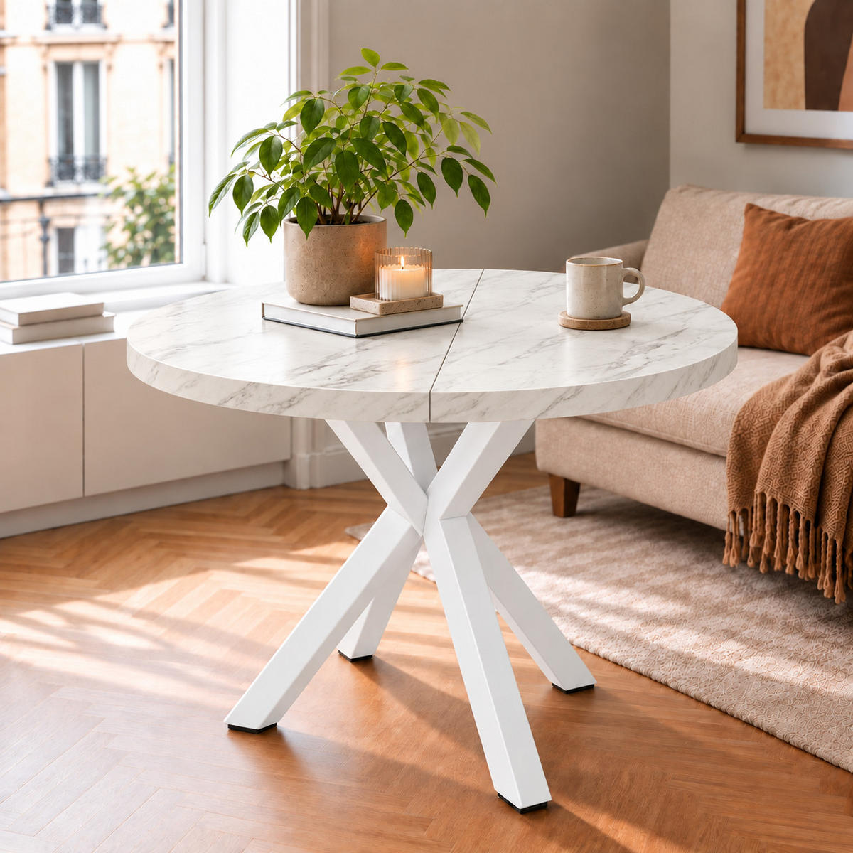 ESSTISCH rund ausziehbar 100/200/76 cm, Marmoroptik, 54 cm Tischplatte + Metall weiß - Hellgrau/Weiß, Holzwerkstoff/Metall (100/200/76cm) - Damale Möbel