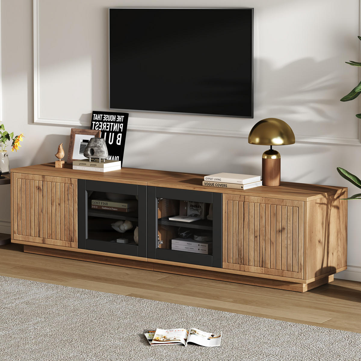 TV LOWBOARD 180cm 75 Zoll LED Glas Naturholz Schwarz modern - Naturfarben, Holzwerkstoff (40/45/180cm) - FLIEKS