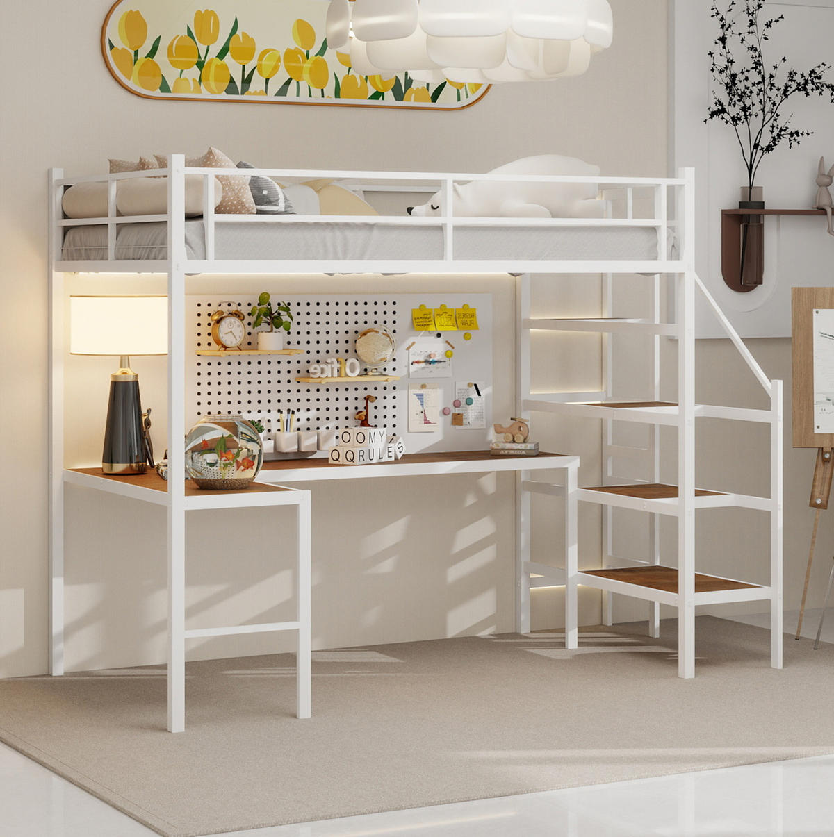 HOCHBETT 90/200 cm mit L-förmigem Schreibtisch, Treppe, Stauraum und umlaufendem Geländer, Weiß - Weiß, Metall (90/200cm) - Redom