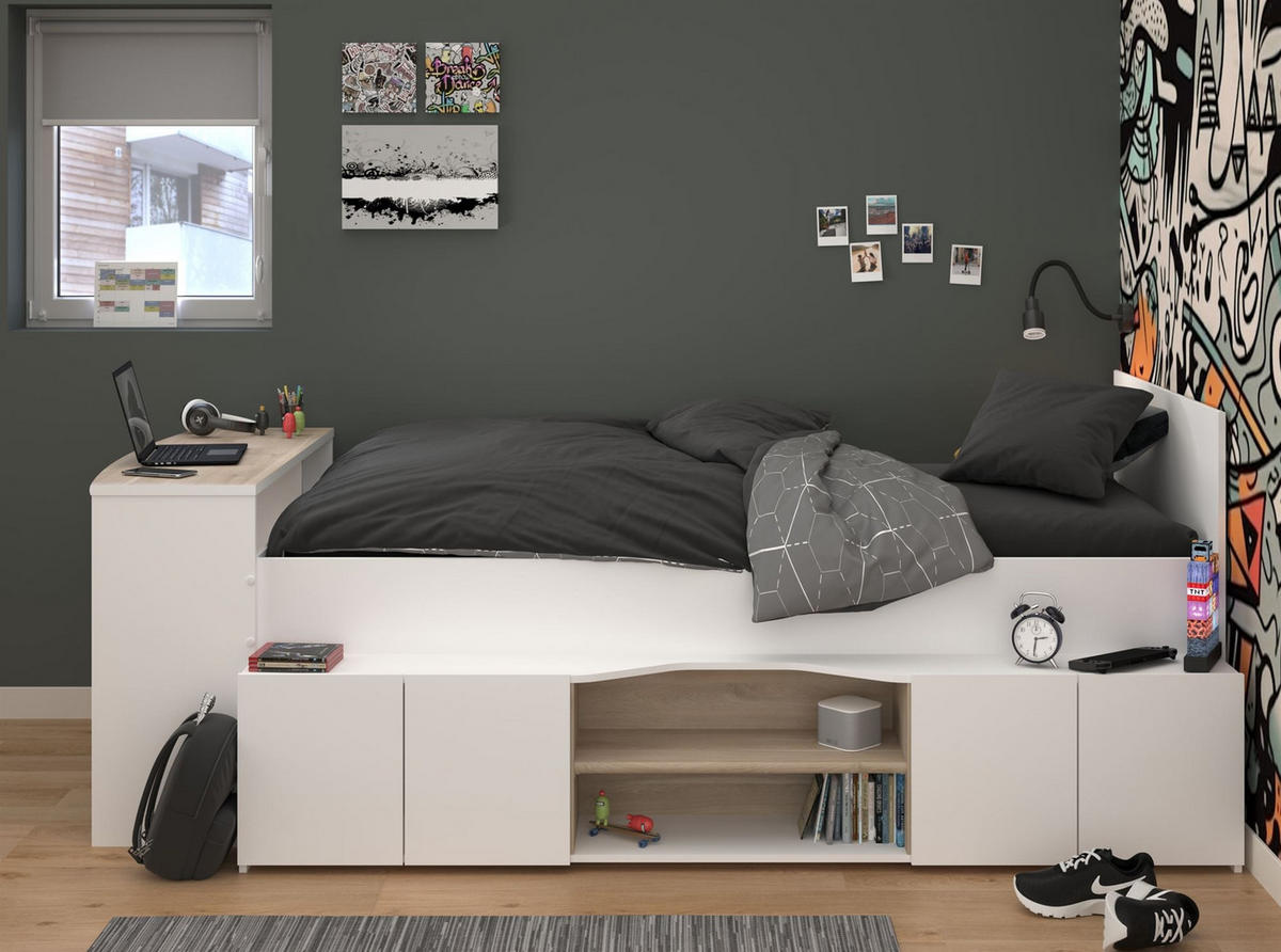 HOCHBETT Parisot Cleo 90x200 mit Schreibtisch Holznachbildung Weiß - Weiß, Kunststoff (90/200cm) - 58aufmkessel