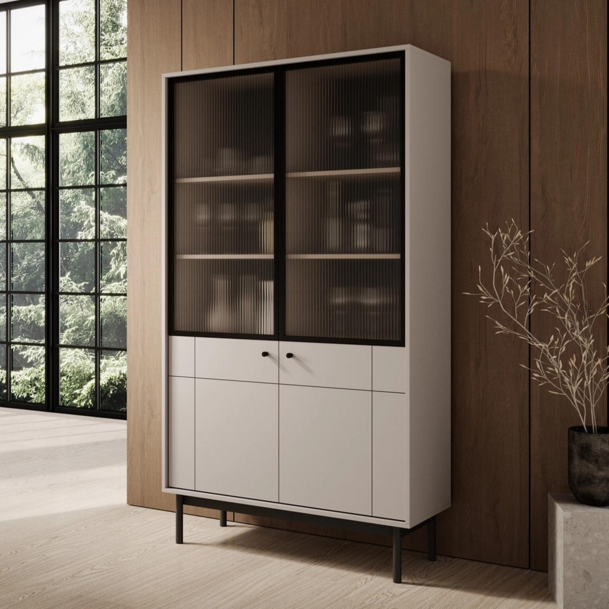 VITRINE SORA W4D (Cashmere, Gefräste Front, Riffelglas, Haefele Soft-Close, Holzfüße) - Kaschmir/Schwarz, Glas/Holz (104/185/39cm) - Ravio