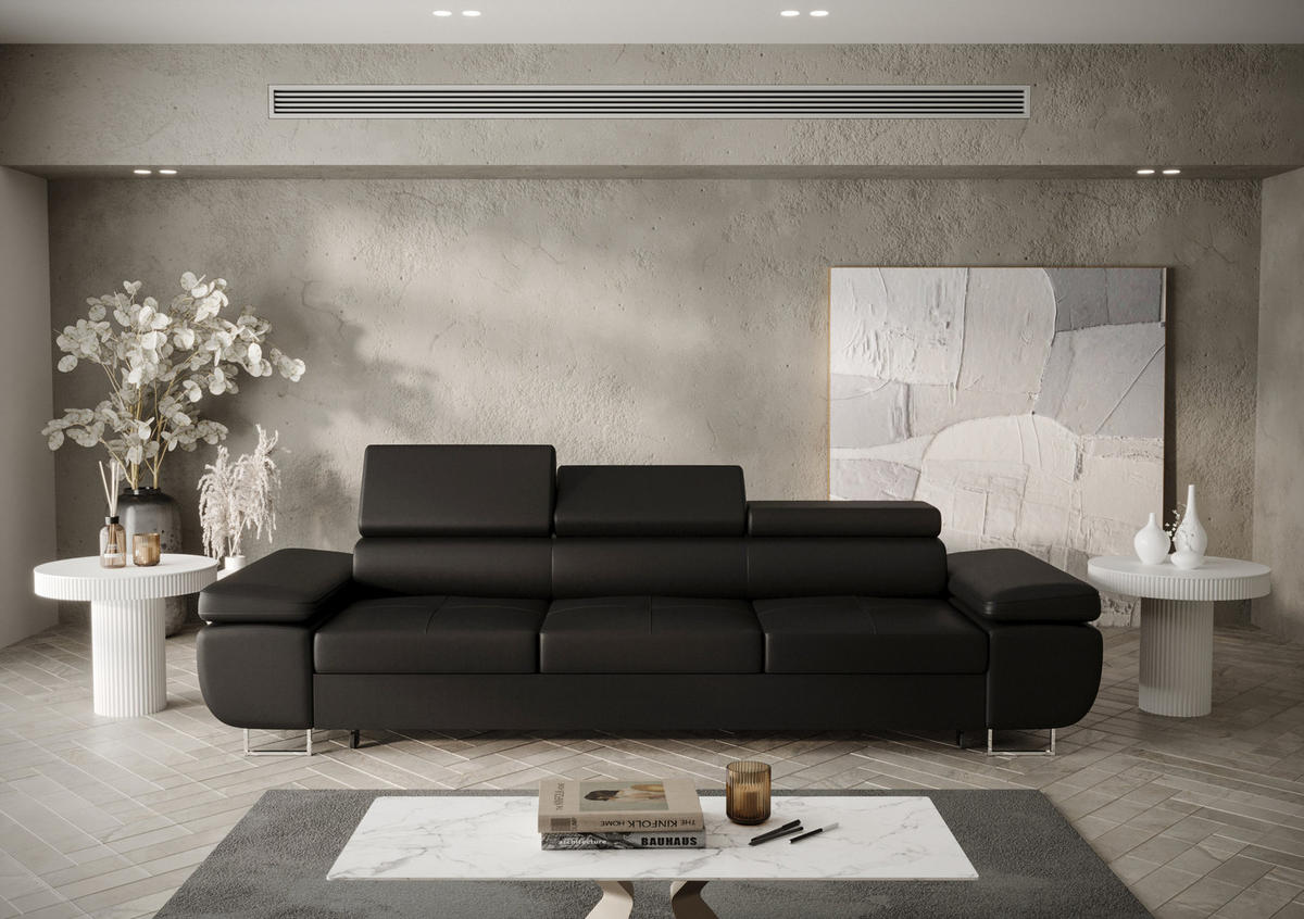 SCHLAFSOFA PRAGA 3, Sofa mit Schlaffunktion, Farbe: Schwarz, Kunstleder - Schwarz, Textil (276/90/100cm) - O-Sofa