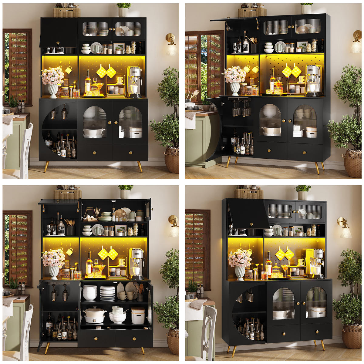 KUCHYŇSKÁ SKŘÍŇ černá, LED lišta, zásuvky, do kuchyně a obývacího pokoje, 120×40×176 cm - černá/zlatá, kov/kompozitní dřevo (120/176/40cm) - STILVORA