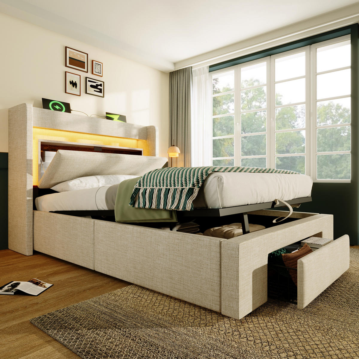 POLSTERBETT 90/200 mit Bettkasten, LED und USB-C in Beige - Beige, Holzwerkstoff/Textil (90/200cm) - EVRYAE