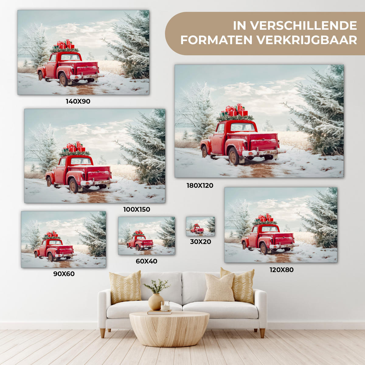 LEINWANDBILD Auto - Rot - Geschenke - Winter - Schnee - Weihnachten Deko Schlafzimmer 30x20 cm - Rot, Textil (30/20cm) - MuchoWow