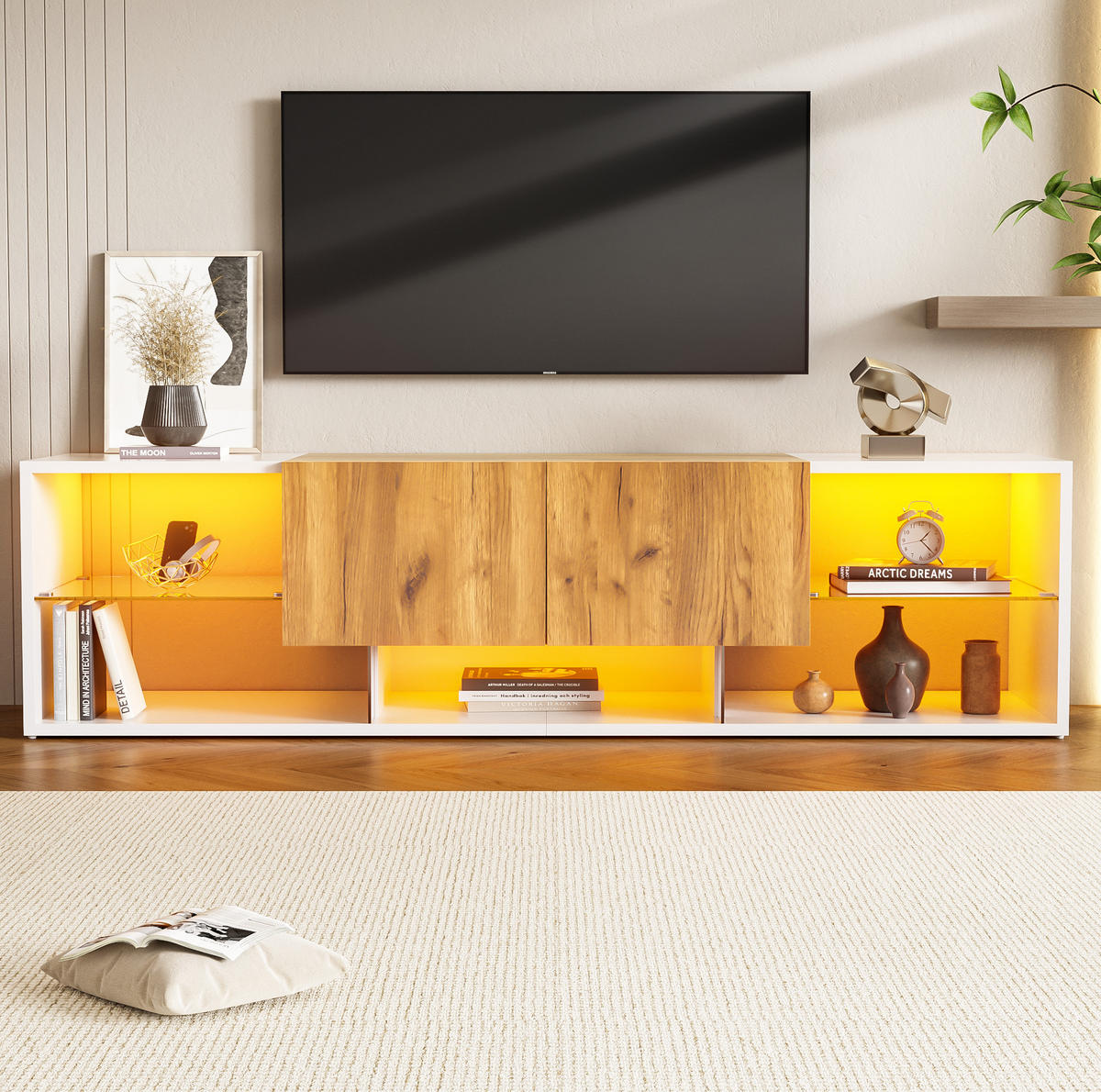 LOWBOARD 160/40/42 cm Weiß/Naturholzfarben aus Spanplatte mit LED-Beleuchtung und 2 Schubladen - Hellbraun, Holzwerkstoff (40/42/160cm) - OKMYHOME