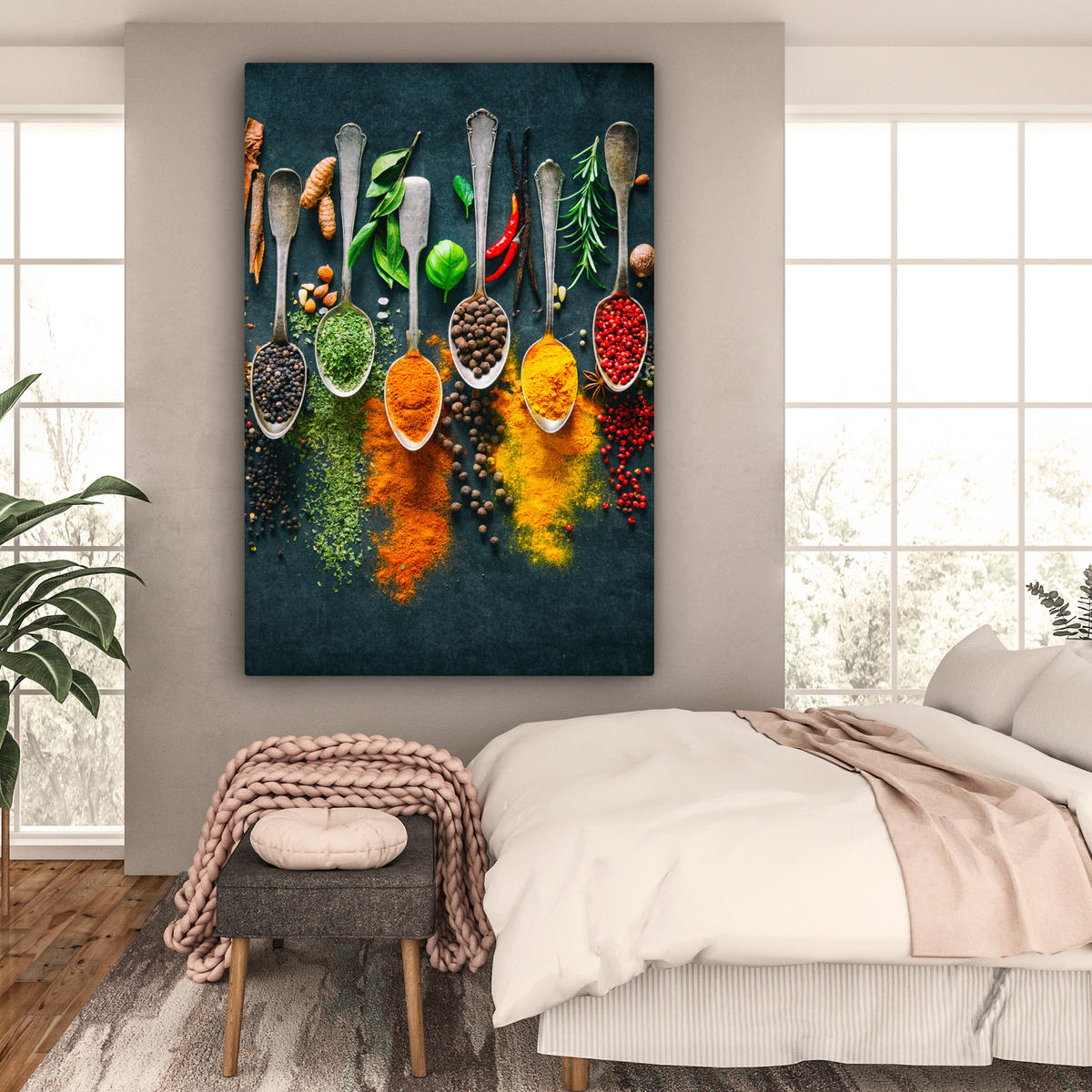 SLIKA NA PLATNU Zelišča 90x140 cm - barve karija, tekstil (90/140cm) - MuchoWow