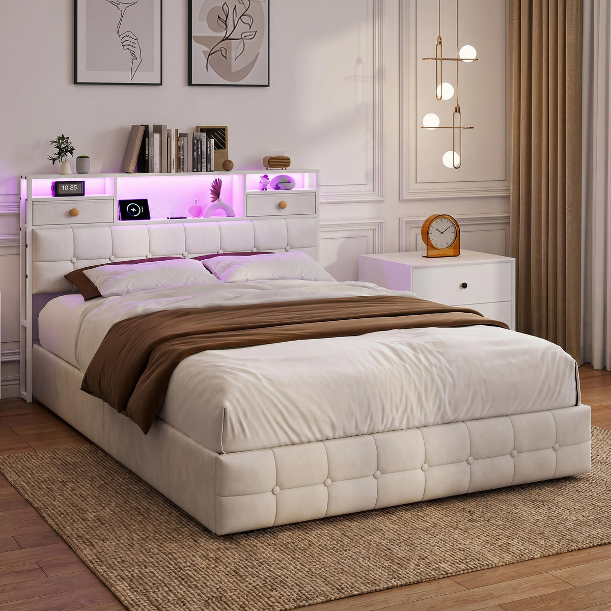 STAURAUMBETT 140/200 cm Beige, Polsterbett mit Bettkasten, LED und USB - Beige, Holz/Textil (140/200cm) - PARAFTA HOME