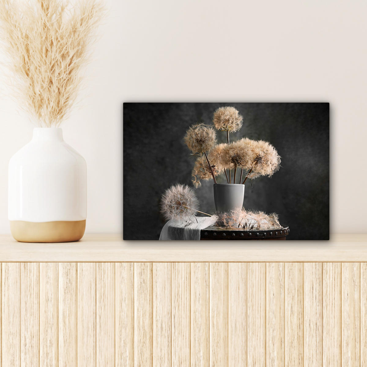 LEINWANDBILD Blumensamen - Löwenzahn - Vase - Stilleben - Blumenstrauß Deko Schlafzimmer 30x20 cm - Dunkelgrau, Textil (30/20cm) - MuchoWow