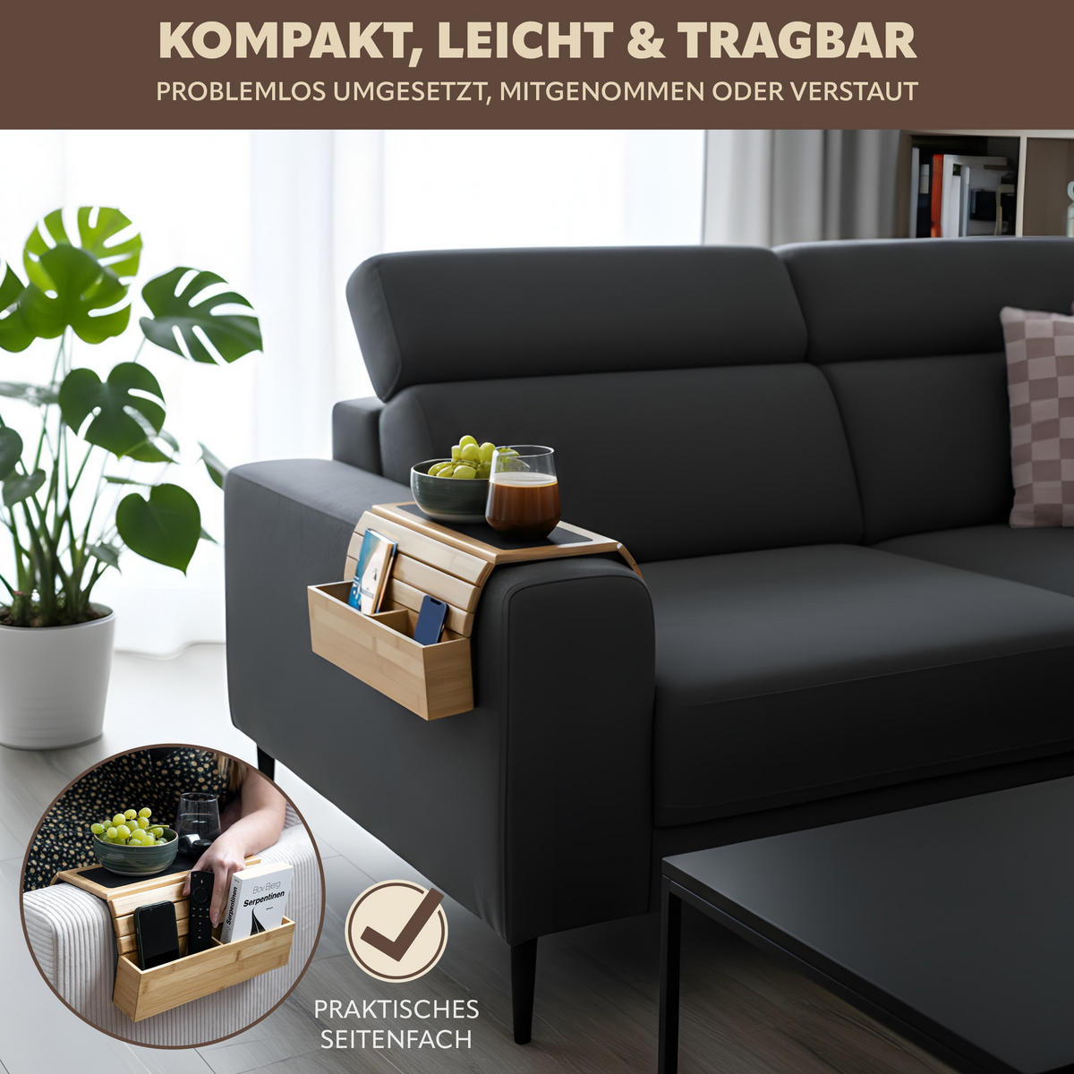 ARMLEHNEN-SOFATABLETT mit seitlichen Fächern, rutschfeste Silikonablage, Bambus - Naturfarben, Naturmaterialien (47/6/34cm) - eluno