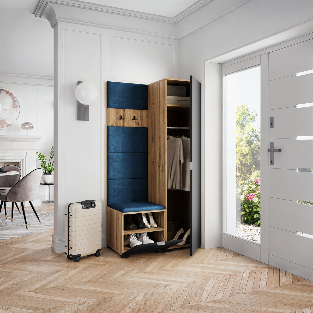 GARDEROBENSCHRANK LORI 95/181/51 cm Modern Garderobe-Set Eiche Wotan - Blau/Eiche Wotan, Holzwerkstoff (95/181/51cm) - MASSENO