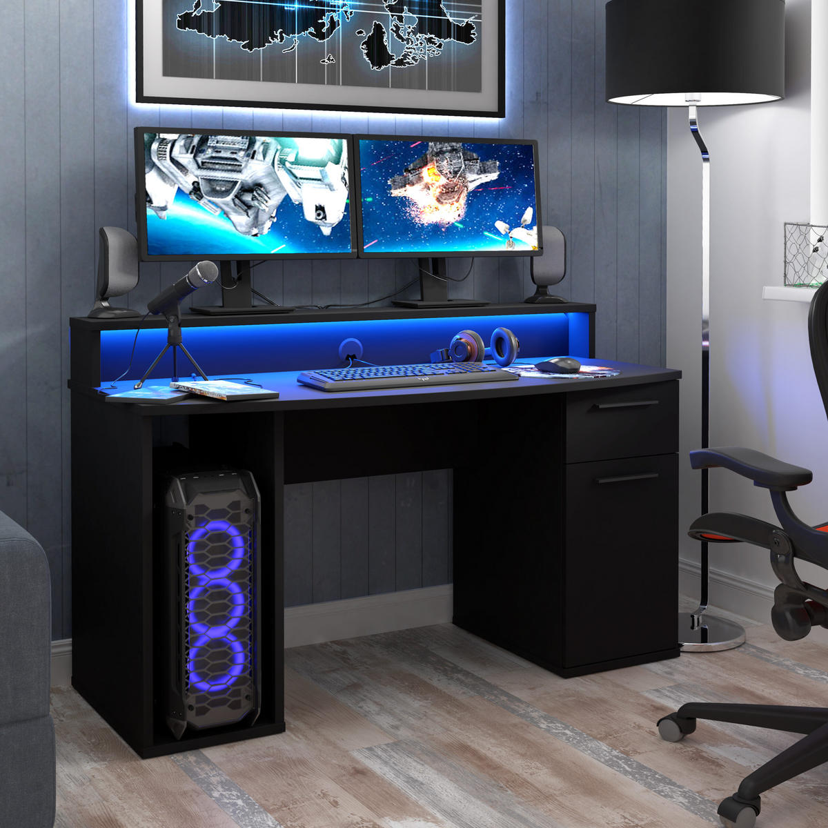 JUGENDZIMMER Oriental Tree Gamingzimmer in Bartex Eiche und Schwarz 7 teilig mit Gamingtisch - Braun, Holzwerkstoff (120/200/80cm)