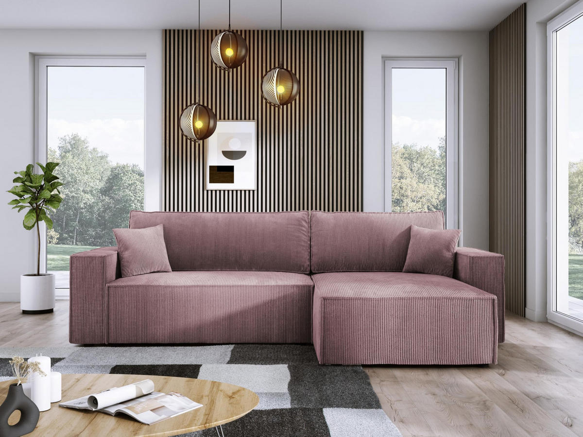 ECKSOFA POSO XL UNIVERSAL, Schlaffunktion und Lattenrost - L-Form, Cord, Federung auf Wellfedern, 274x143x83 cm, Rechts Pink - Pink, Holz/Textil (277/143cm) - DomoHome