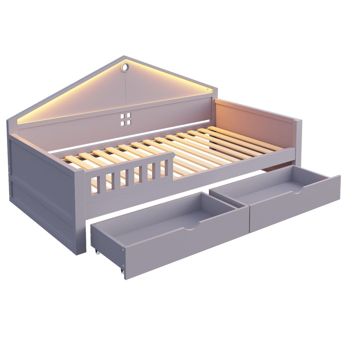 KINDERBETT 90/200 cm mit LED-Lichtleiste, 2 Schubladen und Lattenrost aus Holzwerkstoff und MDF, Grau - Grau, Holzwerkstoff (90/200cm) - Redom