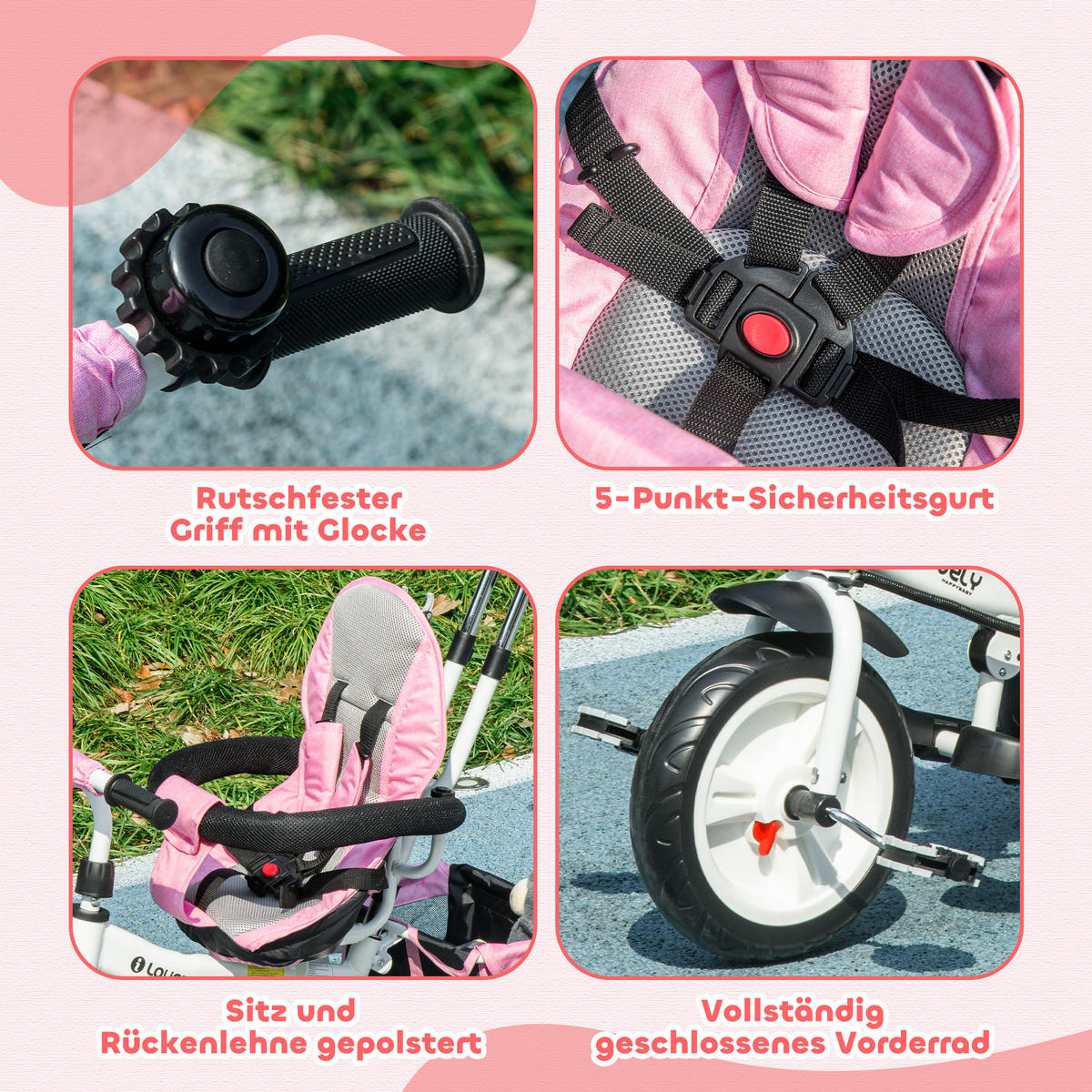 6-IN-1 Dreirad mit Schubstange, Kinderdreirad mit abnehmbarem Sonnendach Rosa - Rosa, Metall (95/50/106cm) - HOMCOM