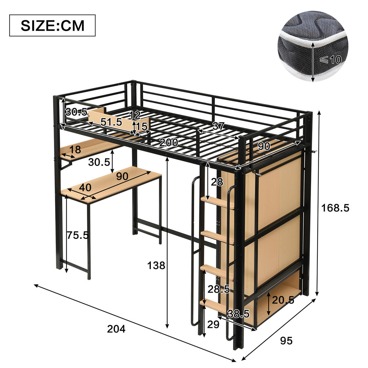 HOCHBETT 90/200 cm mit Kleiderschrank, Schreibtisch, Regal und Treppe mit Handläufen, Schwarz/Natur - Schwarz, Metall (90/200cm) - Redom