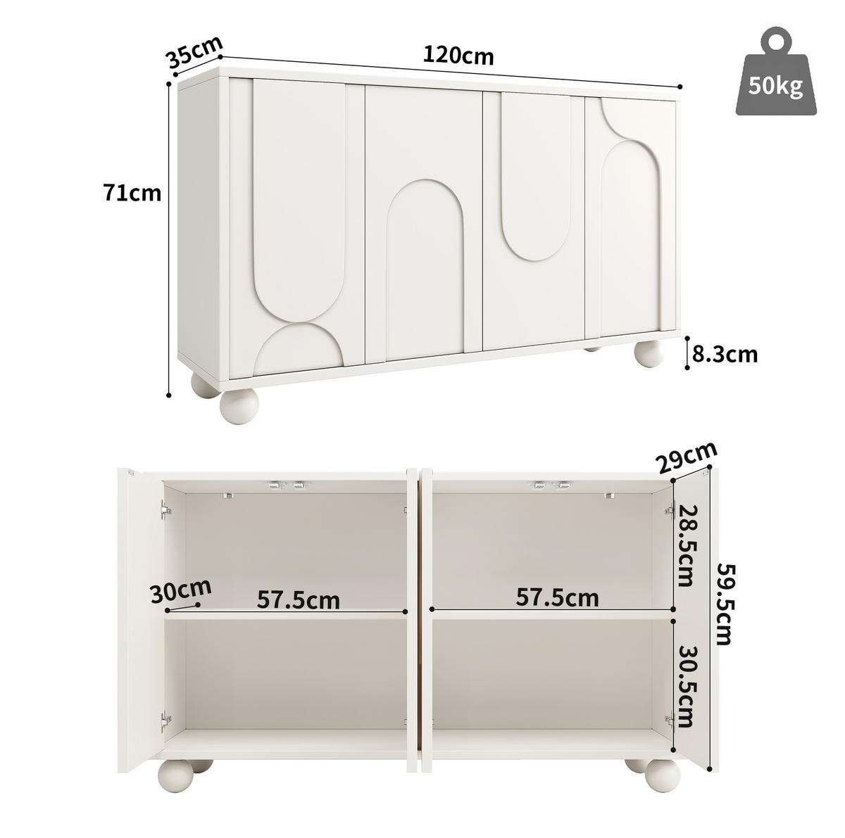 SIDEBOARD aus MDF 120x35x71 cm Weiß mit verstellbarem Einlegeboden und Kippschutz - Weiß, Holzwerkstoff (120/71/35cm) - IVMEU