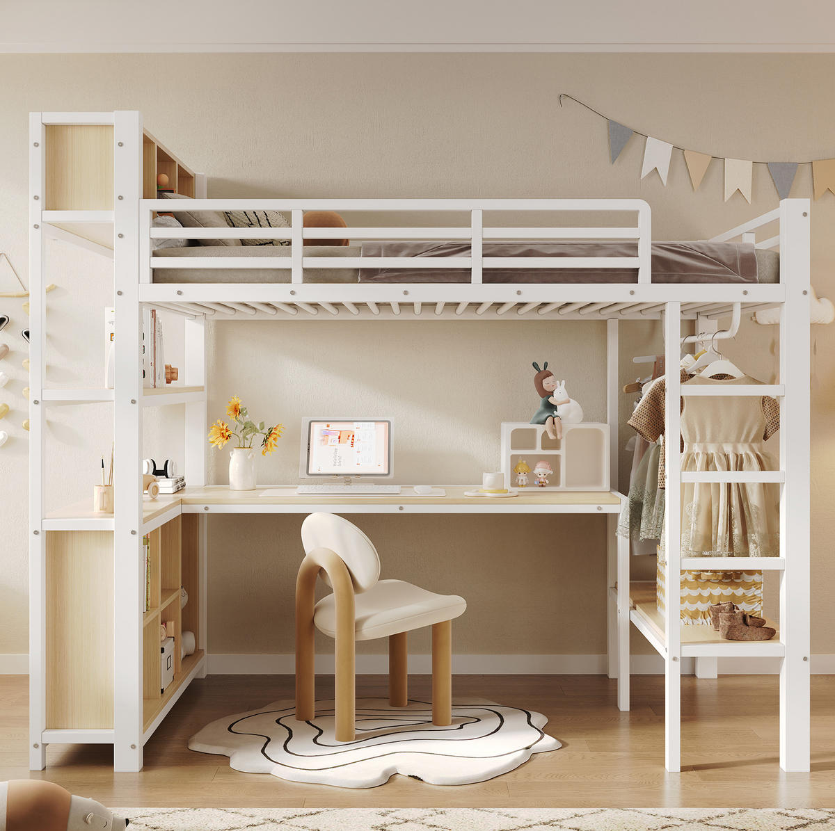 HOCHBETT Metall & MDF 90x200 cm Weiß mit Schreibtisch, Regalen und Kleiderstange - Weiß, Holzwerkstoff (90/200cm) - Modfu