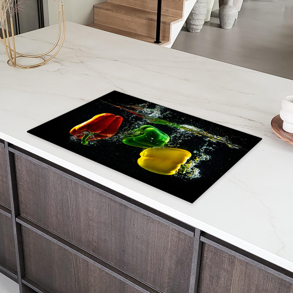 HERDABDECKPLATTE Paprika - Gemüse - Wasser - Schwarz - Rot - Grün - Gelb Ceranfeldabdeckung 85x52 cm - Multicolor, Kunststoff (85/52/0.2cm) - MuchoWow