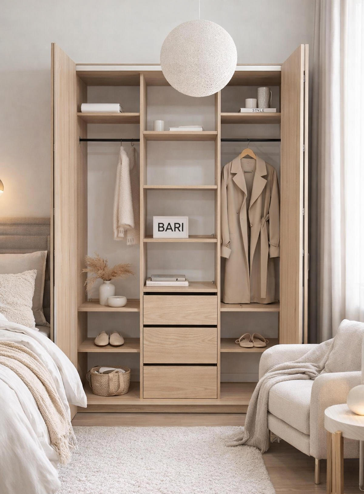 FALTTÜRENSCHRANK Omodeo 170 cm breit in Bookmatch-Eiche – mit WingLine-Falttüren - Eichefarben, Holzwerkstoff (170/240/58cm) - AX Living