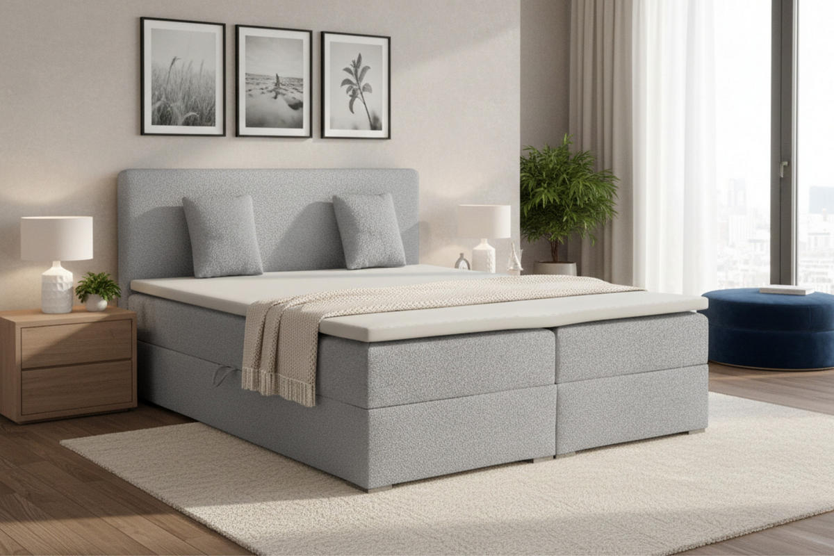 BOXBETT BELLO LUX 200/200 in Boucle Hellgrau H3 - Hellgrau, Holz/Holzwerkstoff (200/200cm) - Deine Möbel 24