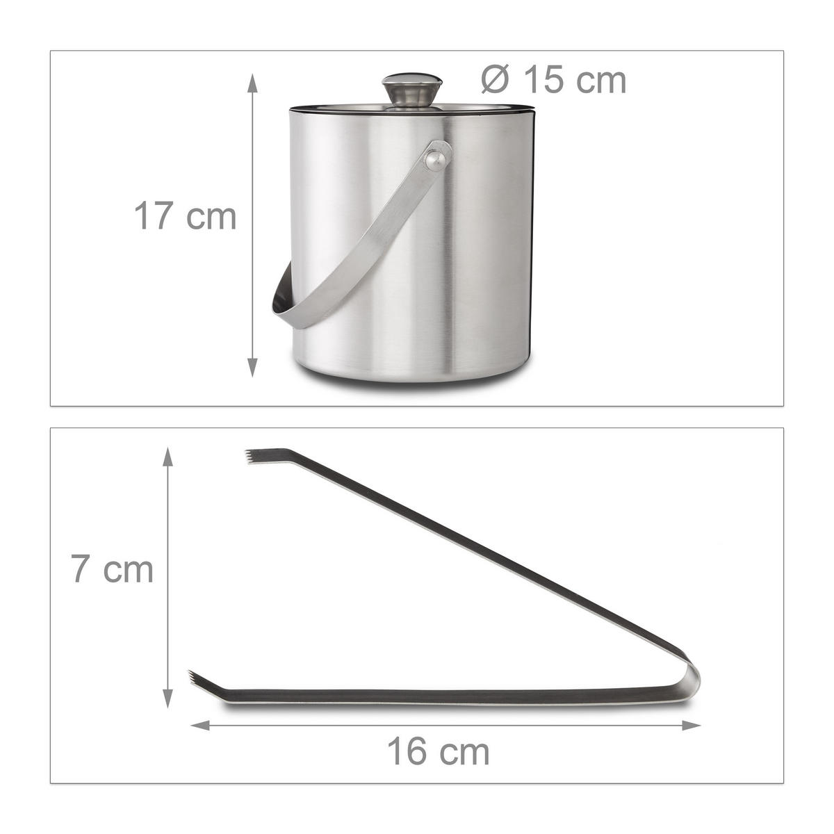 EISEIMER Silber Edelstahl 1,5 l mit Eiszange - Silberfarben, Metall (13/17cm) - Relaxdays
