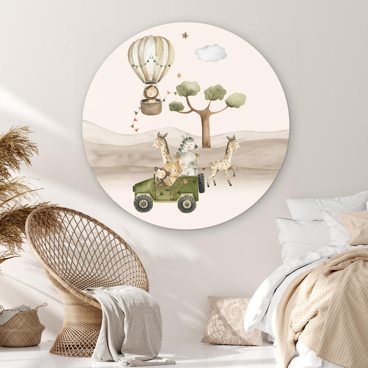 WANDBILD Wilde Tiere - Safari - Aquarell - Heißluftballon 120x120 cm - Beige, Kunststoff (120/120cm) - MuchoWow